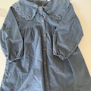 Blue Button-Up Dress with Eyelet Collar